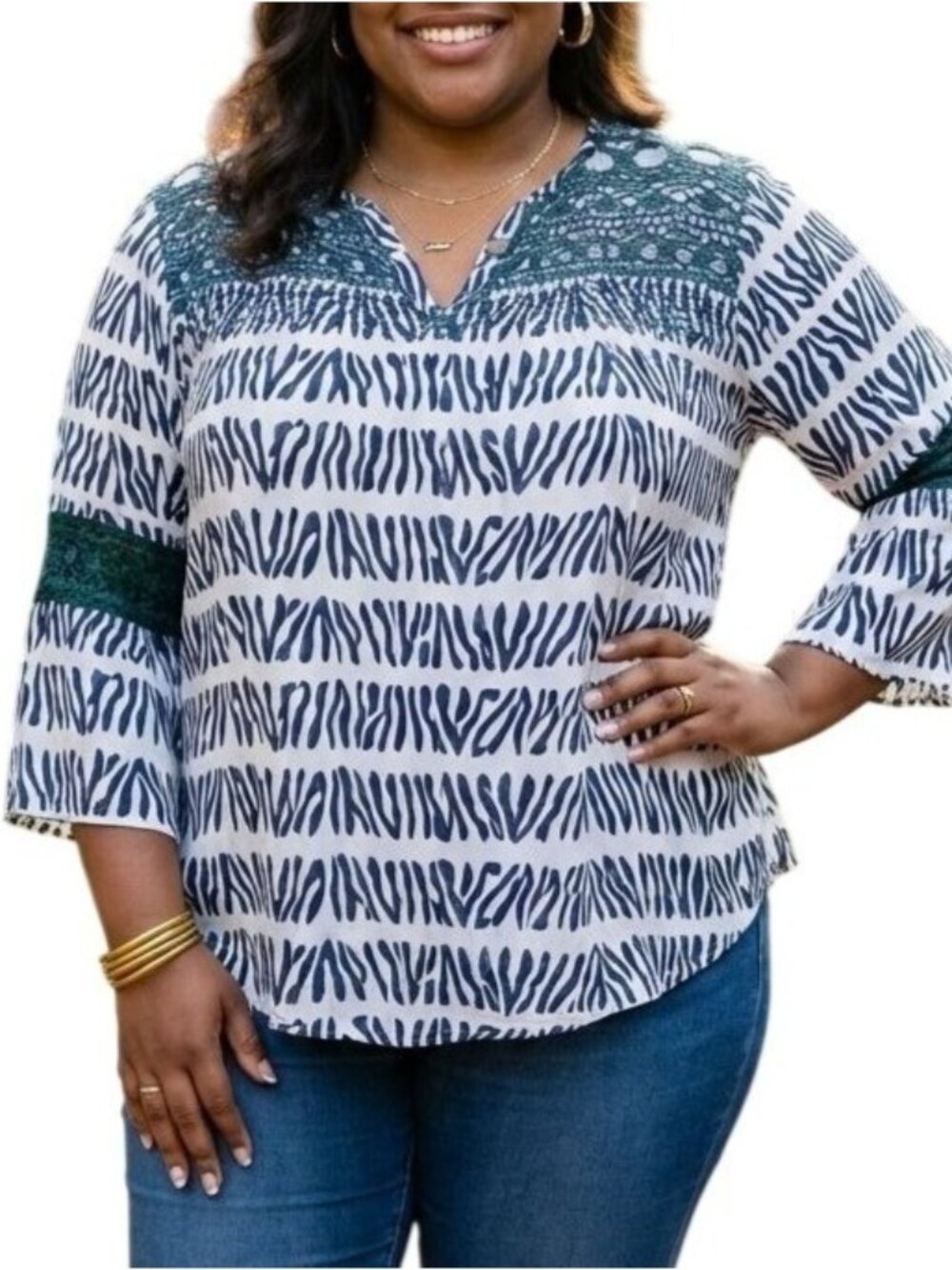 Cato Size Large Top Semi Sheer Black Zebra Print Crochet Details Bell Sleeve